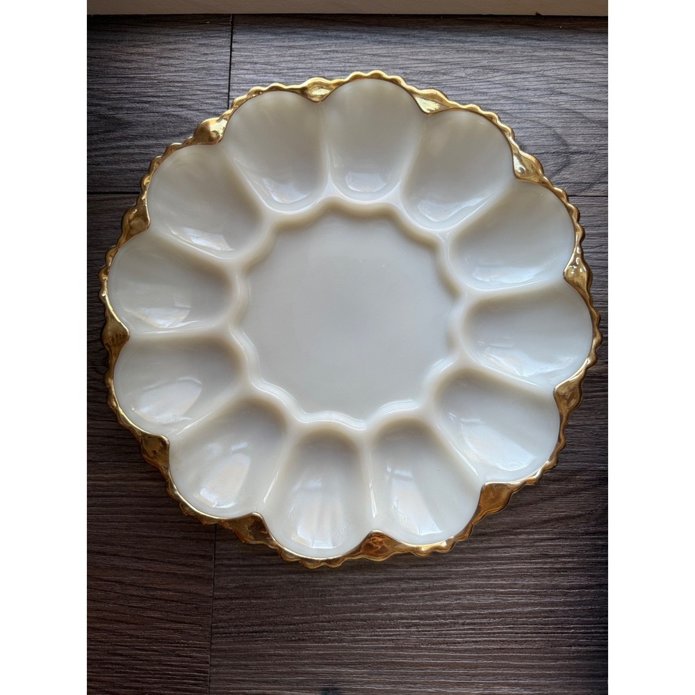 Vintage Milk Glass Egg Plate Gold Trimmed Scalloped Edge 12 Dessert Serving Dish - Picture 1 of 3